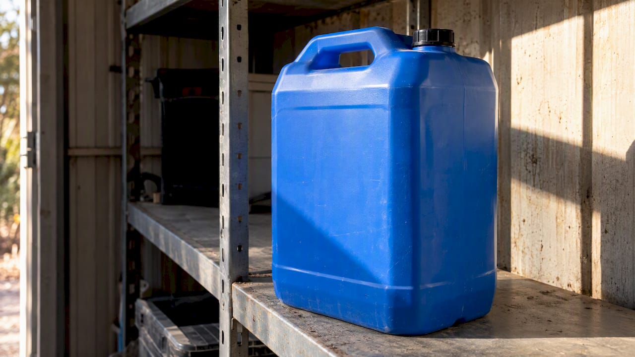 Sealed DEF container in a sunlit storage shed