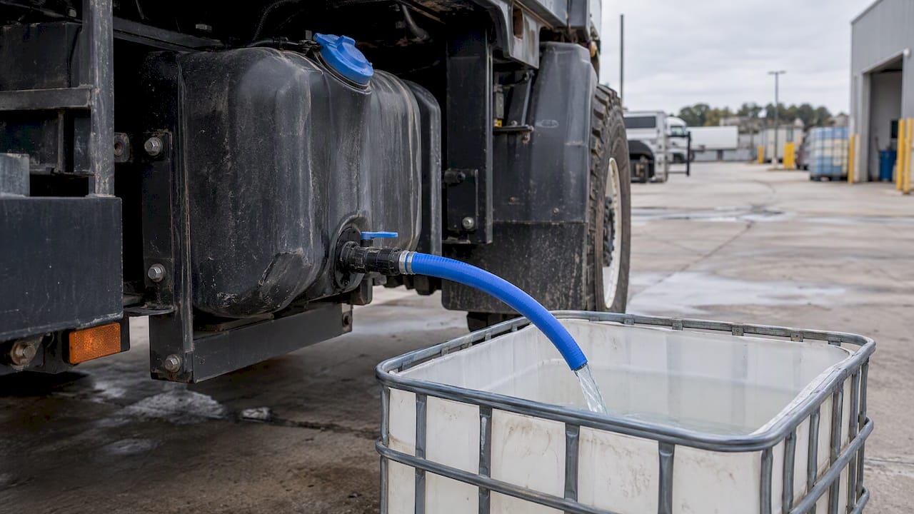 DEF reservoir draining into a collection container