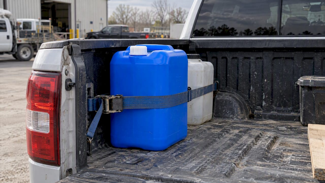 Blue DEF container secured in pickup bed