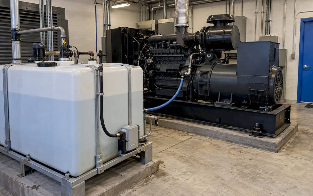 Standby generator beside its DEF storage tank