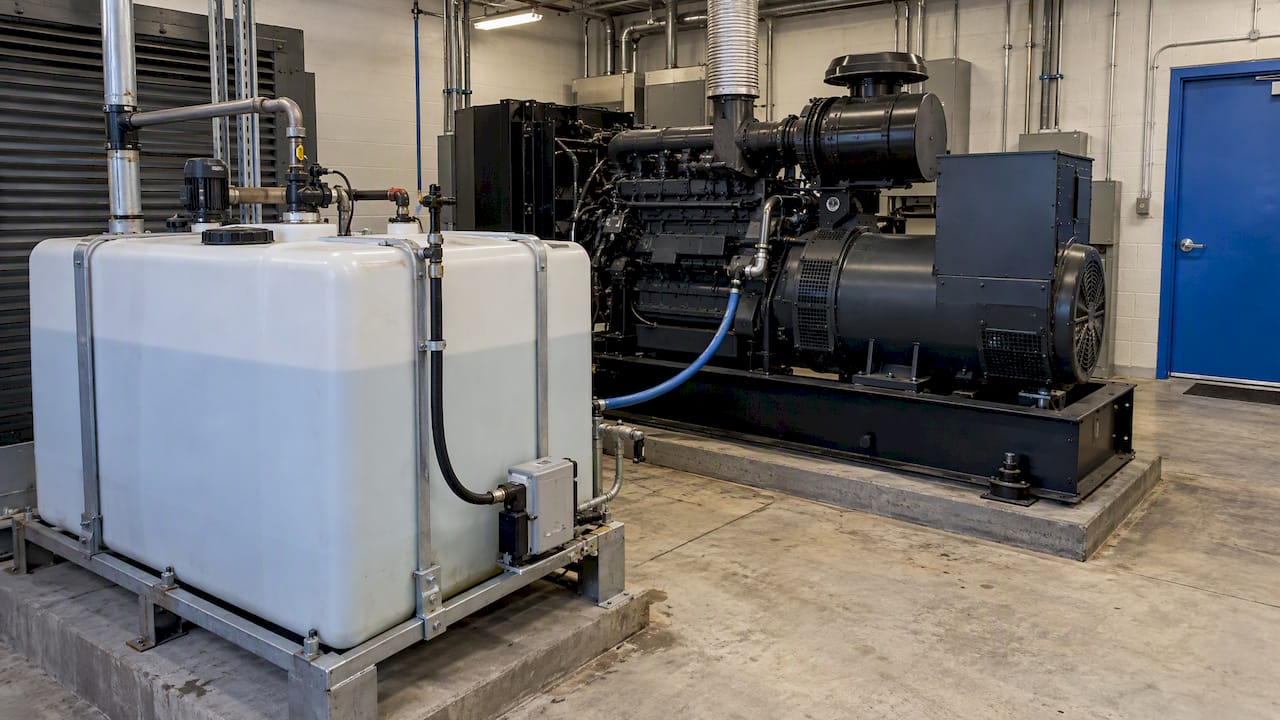 Standby generator beside its DEF storage tank