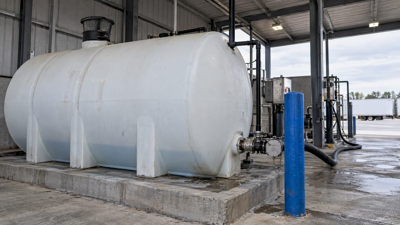Bulk DEF tank with filtered vent and closed hose