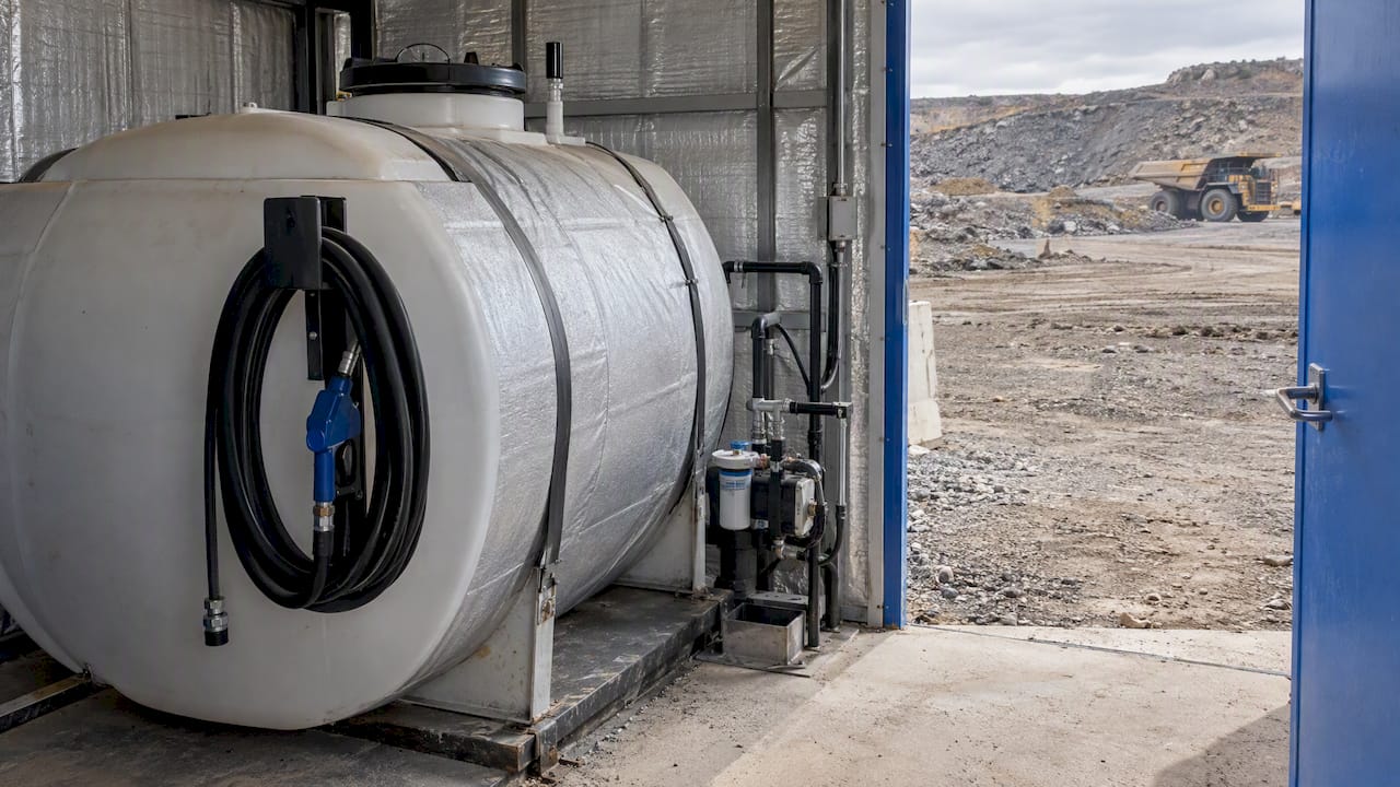 Bulk DEF tank inside a mine storage shelter